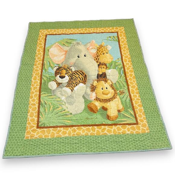 Baby Quilt Jungle Babies Green Brown Yellow 46.5" x 37.5" Green Gingham Backing - Picture 1 of 10